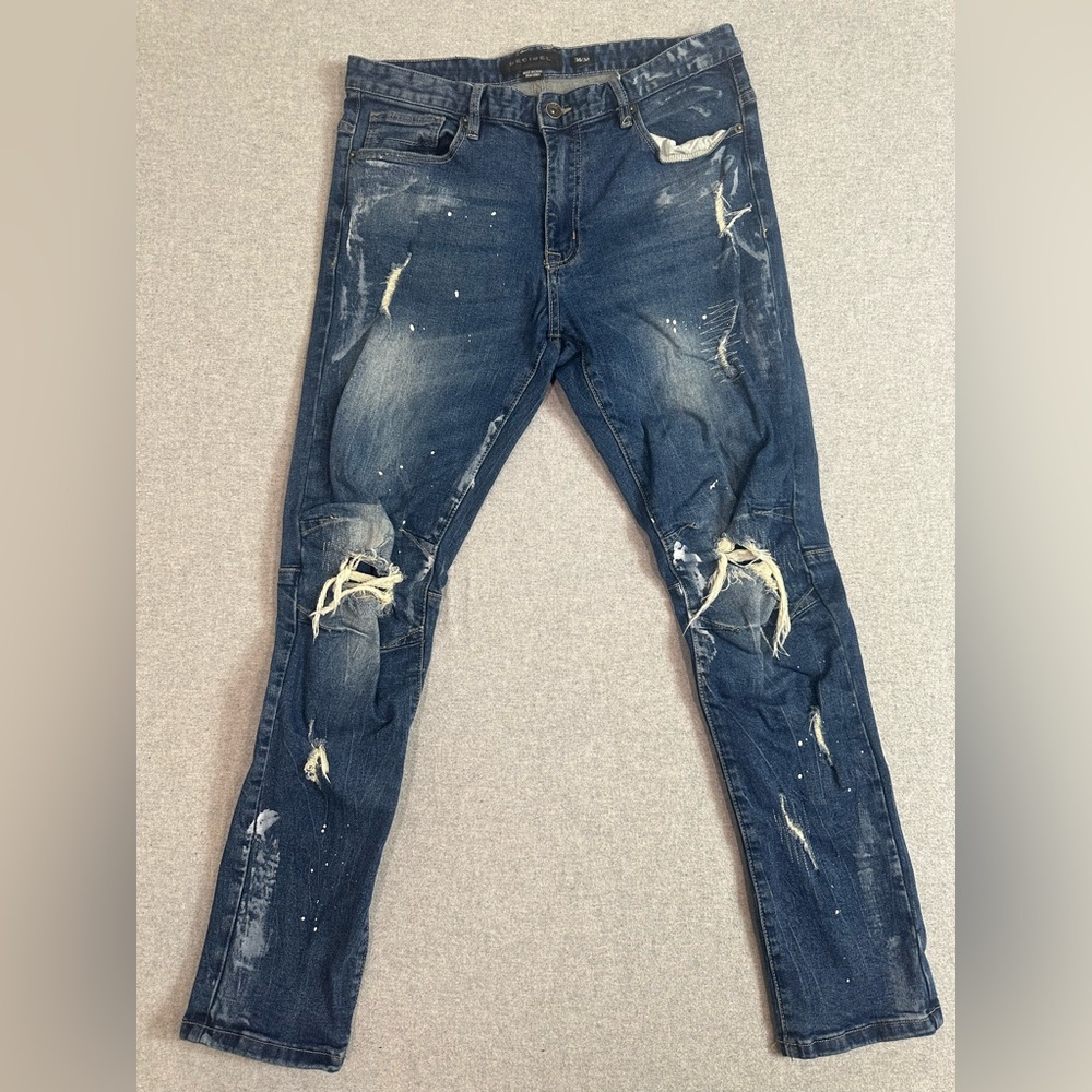 Decibel Flex Knee Moto Jean Mens 33x30‎ Distressed Paint Splatter Skate